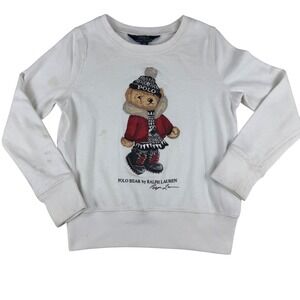 Polo Ralph Lauren Sweatshirt Girls Small 7 White Pullover Winter Bear Graphic